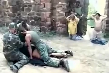 Group of soldiers fuck a brunette girl